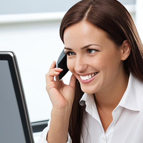 **

Insurance agent using CRM software on a laptop, smiling and talking to a happy customer on the phone. Focus on the agent's screen displaying customer data and a positive, friendly atmosphere. Include elements showing improved customer relationship and understanding.

**