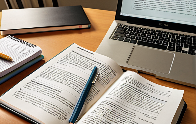 **Textbook and Study Materials:** A neatly organized desk with IRDAI-approved textbooks, previous years' question papers, a laptop displaying online study material, and a glossary of insurance terminology. The scene is well-lit, suggesting focused study.