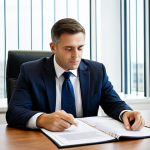 A professional insurance broker, in a modest business suit, sitting at a conference table in a modern, well-lit office. The broker is focused on analyzing complex insurance documents spread before them, perhaps with a client sitting opposite. The setting is clean and organized, indicating a clear, problem-solving environment. The lighting is bright and professional. Perfect anatomy, correct proportions, natural pose, well-formed hands, proper finger count, natural body proportions, fully clothed, appropriate attire, professional dress, safe for work, appropriate content, professional, modest.