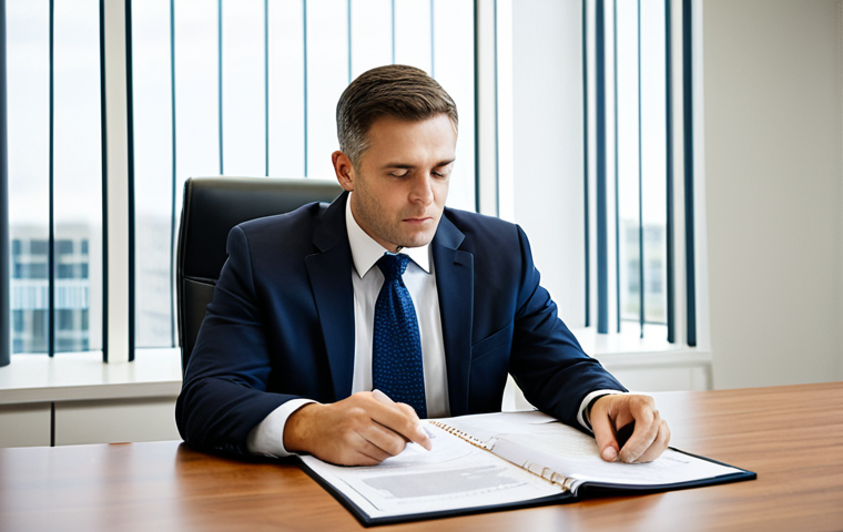 A professional insurance broker, in a modest business suit, sitting at a conference table in a modern, well-lit office. The broker is focused on analyzing complex insurance documents spread before them, perhaps with a client sitting opposite. The setting is clean and organized, indicating a clear, problem-solving environment. The lighting is bright and professional. Perfect anatomy, correct proportions, natural pose, well-formed hands, proper finger count, natural body proportions, fully clothed, appropriate attire, professional dress, safe for work, appropriate content, professional, modest.