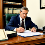 A professional male insurance broker in a modest business suit and tie, sitting at a wooden desk cluttered with stacks of paper files, a vintage landline phone, and an open ledger. He is holding a pen, looking thoughtfully at documents. The background is a traditional office with a wooden bookshelf and a framed certificate. The lighting is soft and warm, evoking a sense of established trust and conventional methods. fully clothed, appropriate attire, professional dress, safe for work, appropriate content, perfect anatomy, correct proportions, natural pose, well-formed hands, proper finger count, natural body proportions, high quality, professional photography.