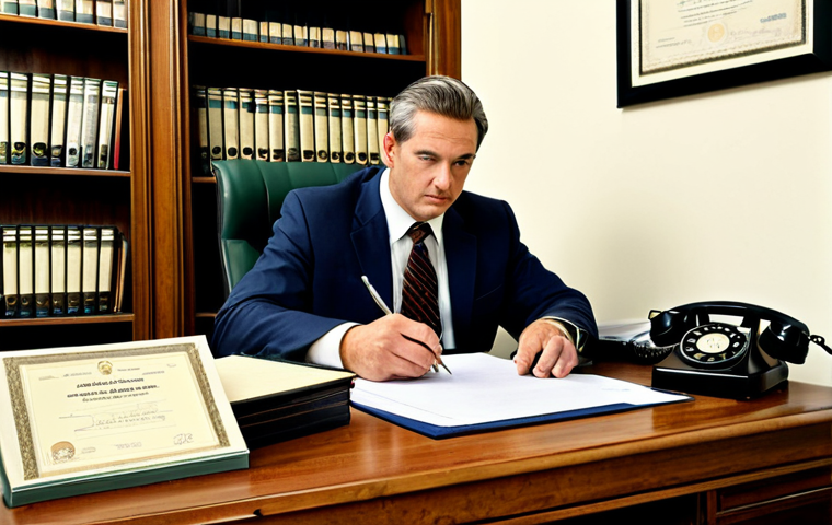 A professional male insurance broker in a modest business suit and tie, sitting at a wooden desk cluttered with stacks of paper files, a vintage landline phone, and an open ledger. He is holding a pen, looking thoughtfully at documents. The background is a traditional office with a wooden bookshelf and a framed certificate. The lighting is soft and warm, evoking a sense of established trust and conventional methods. fully clothed, appropriate attire, professional dress, safe for work, appropriate content, perfect anatomy, correct proportions, natural pose, well-formed hands, proper finger count, natural body proportions, high quality, professional photography.