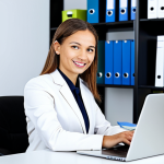 **

A professional insurance agent, fully clothed in appropriate business attire, sitting at a clean desk with a laptop in a modern office. Shelves with neatly organized files are in the background. Focus on a friendly and trustworthy facial expression. Safe for work, appropriate content, modest, professional, perfect anatomy, correct proportions, natural pose, well-formed hands, proper finger count, natural body proportions.

**