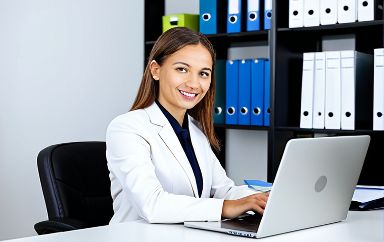 **
A professional insurance agent, fully clothed in appropriate business attire, sitting at a clean desk with a laptop in a modern office. Shelves with neatly organized files are in the background. Focus on a friendly and trustworthy facial expression. Safe for work, appropriate content, modest, professional, perfect anatomy, correct proportions, natural pose, well-formed hands, proper finger count, natural body proportions.
**