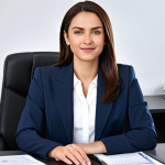 A professional businesswoman in a modest business suit, sitting at a desk in a modern office, fully clothed, appropriate attire, safe for work, perfect anatomy, natural proportions, professional photography, high quality.