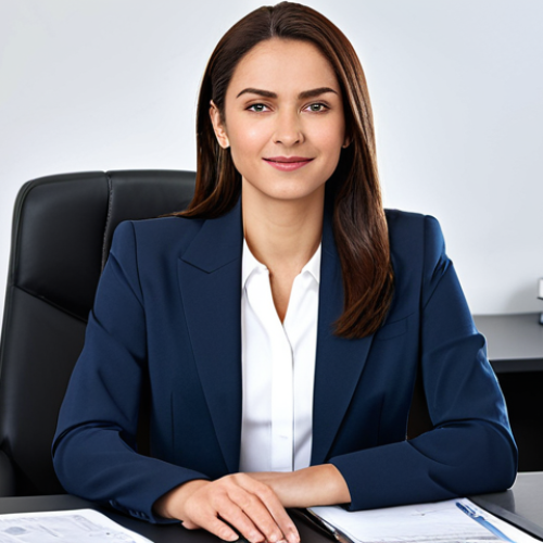 A professional businesswoman in a modest business suit, sitting at a desk in a modern office, fully clothed, appropriate attire, safe for work, perfect anatomy, natural proportions, professional photography, high quality.