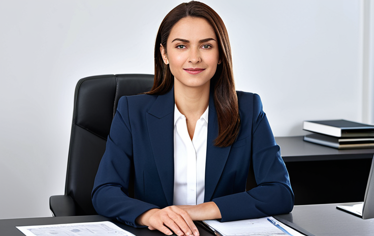 A professional businesswoman in a modest business suit, sitting at a desk in a modern office, fully clothed, appropriate attire, safe for work, perfect anatomy, natural proportions, professional photography, high quality.