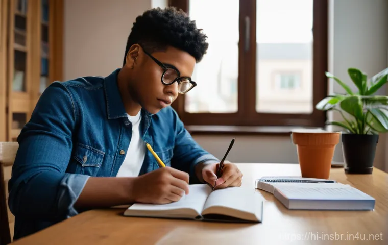 보험중개사 필기시험 및 실기시험 스케줄 관리 - **Prompt 1: Focused Exam Preparation** "A diverse young adult, looking focused and determined, s...