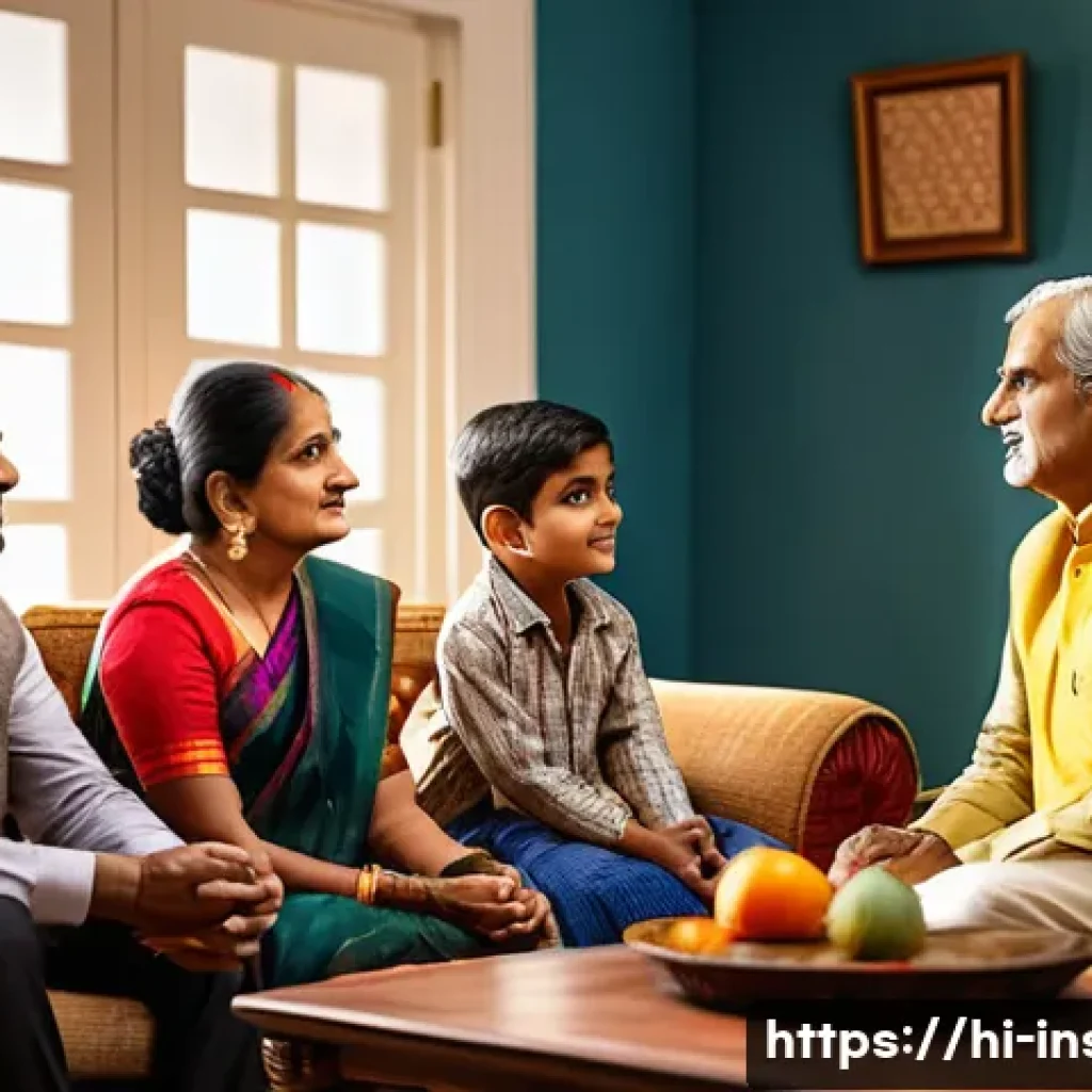 보험중개사와 고객의 신뢰 관계 구축 사례 - A professional Indian insurance agent attentively listening to a middle-aged Hindi-speaking family i...