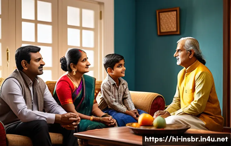 보험중개사와 고객의 신뢰 관계 구축 사례 - A professional Indian insurance agent attentively listening to a middle-aged Hindi-speaking family i...