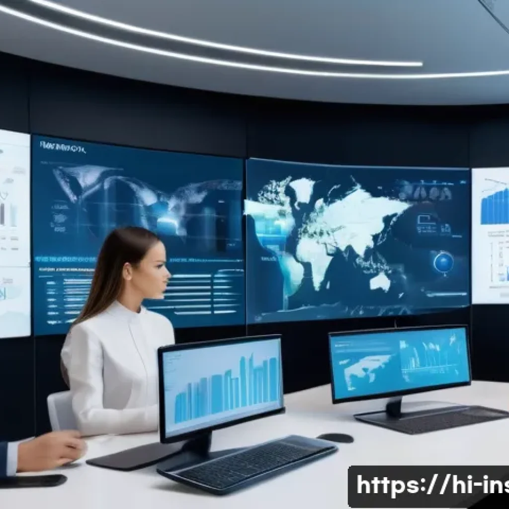 보험중개사와 관련된 최신 AI 기술 도입 사례 - A modern insurance office scene featuring a diverse team of professionals analyzing large digital da...