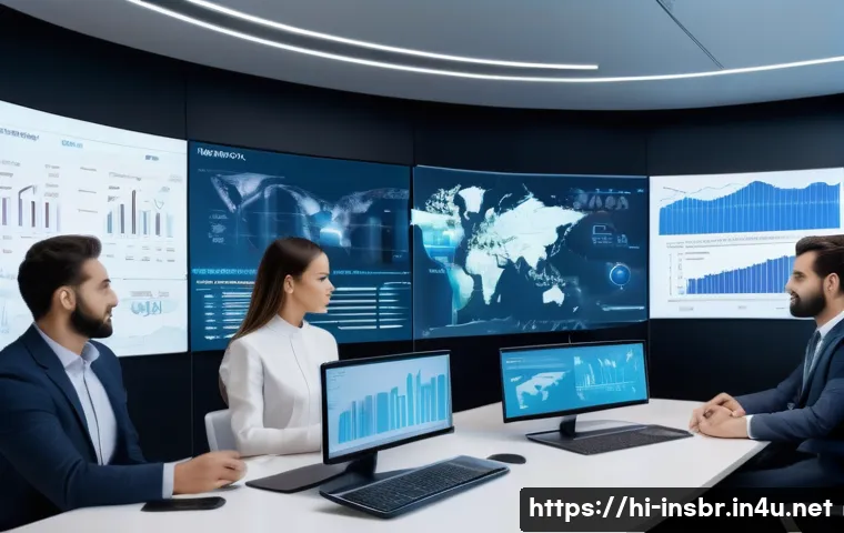 보험중개사와 관련된 최신 AI 기술 도입 사례 - A modern insurance office scene featuring a diverse team of professionals analyzing large digital da...