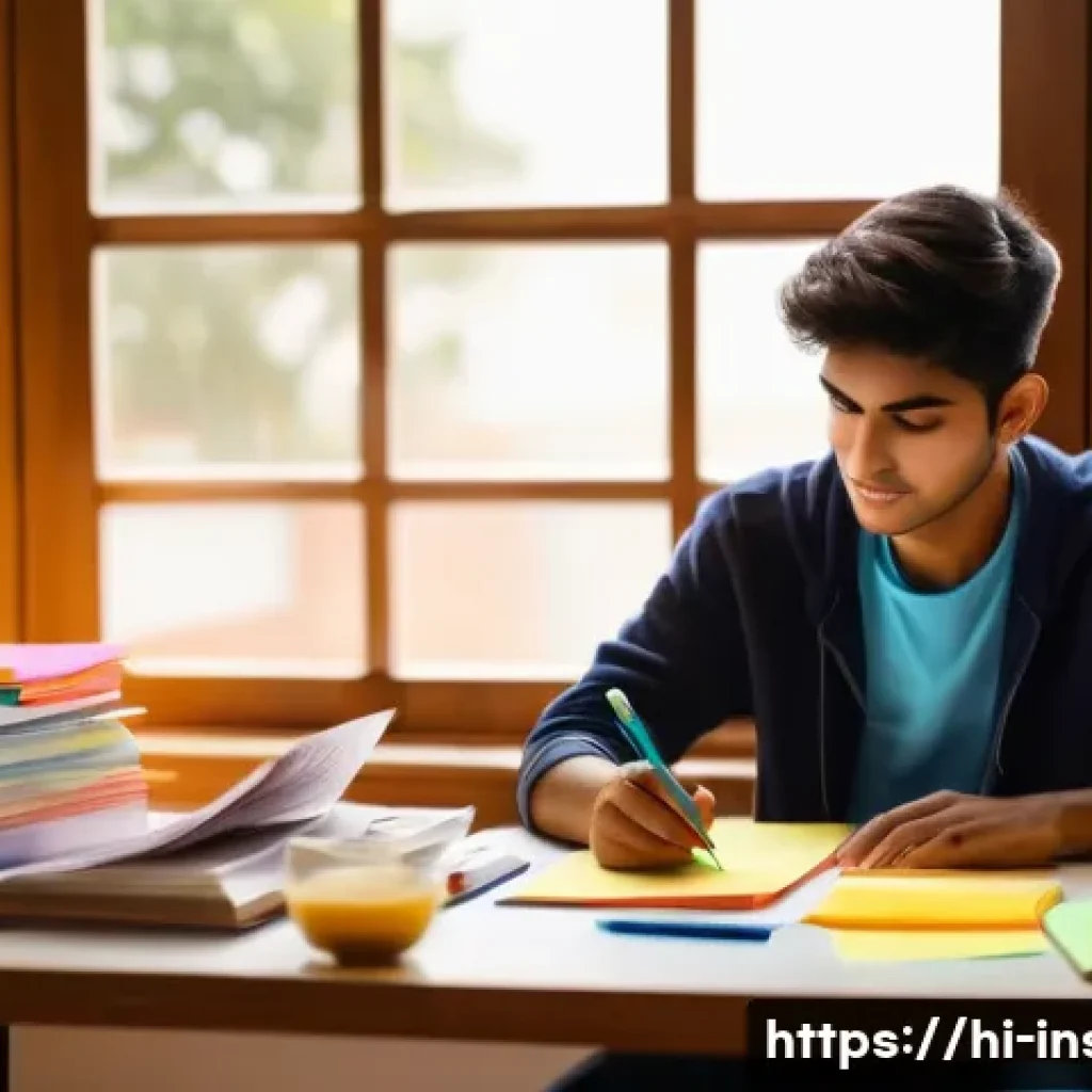 보험중개사 시험 성적 관리 노하우 - A focused Indian student studying at a tidy desk in a well-lit room with a daily and weekly study pl...
