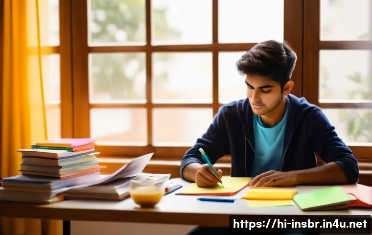 보험중개사 시험 성적 관리 노하우 - A focused Indian student studying at a tidy desk in a well-lit room with a daily and weekly study pl...