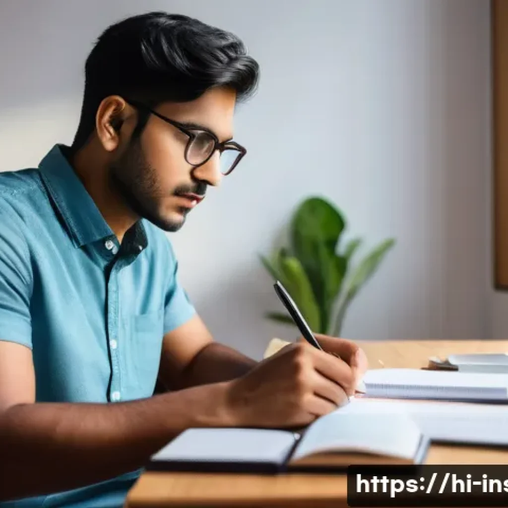보험중개사 필수 자격증 취득 기간 단축법 - A focused young Indian man studying at a wooden desk in a bright room, surrounded by neatly arranged...