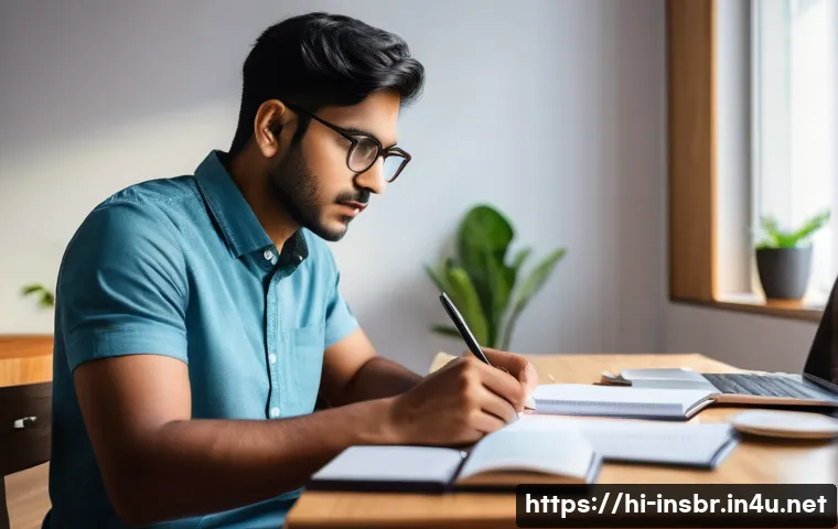 보험중개사 필수 자격증 취득 기간 단축법 - A focused young Indian man studying at a wooden desk in a bright room, surrounded by neatly arranged...