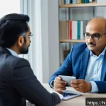 Home 22 보험중개사와 협상 기술의 중요성 - A professional Indian insurance broker attentively listening to a middle-aged Hindi-speaking client ...