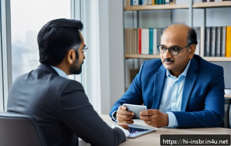 보험중개사와 협상 기술의 중요성 - A professional Indian insurance broker attentively listening to a middle-aged Hindi-speaking client ...