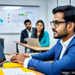 Home 23 보험중개사 필수 워크숍 추천 - A professional Indian insurance agent attending a digital marketing workshop, seated in a modern cla...
