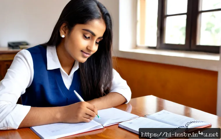 보험중개사 시험 관련 질의응답 모음 - Photorealistic Indian insurance exam preparation scene, a focused young adult seated at a neat woode...
